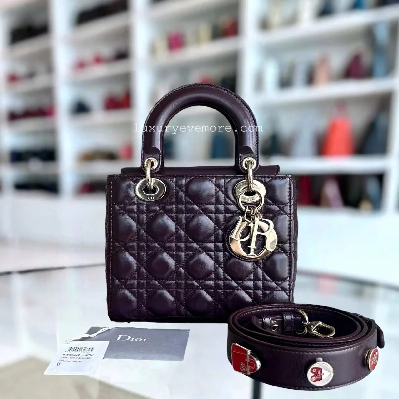 Contemporary Christian Dior handbags with a unique shapeLady Small Cannage Glazed Calfskin Burgundy Dark Red Golden Hardware ABC MyABC Charm Badge