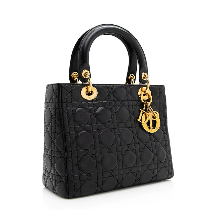 Christian Dior bags with a side - pocket for holding a water bottleDior Lambskin Lady Dior Medium Tote (SHF-20903)