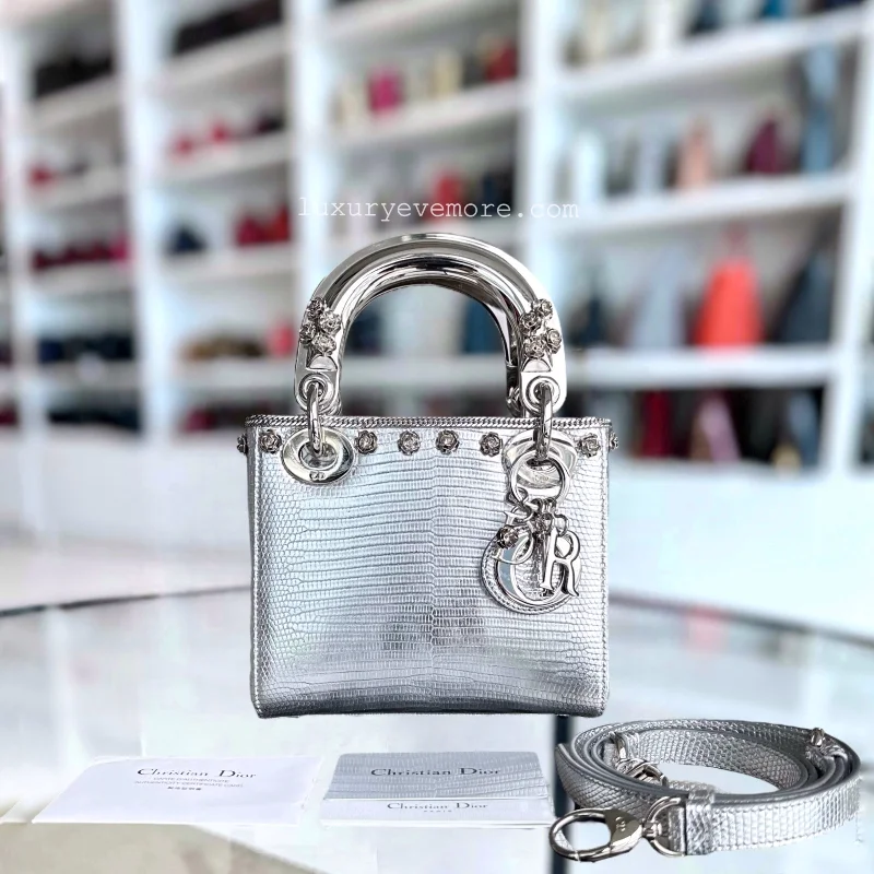 Christian Dior crossbody bags with a front - flap pocket for easy access*Rare, Exotic* Lady Mini Metallic Lizard Leather Silver Hardware Adjustable Strap