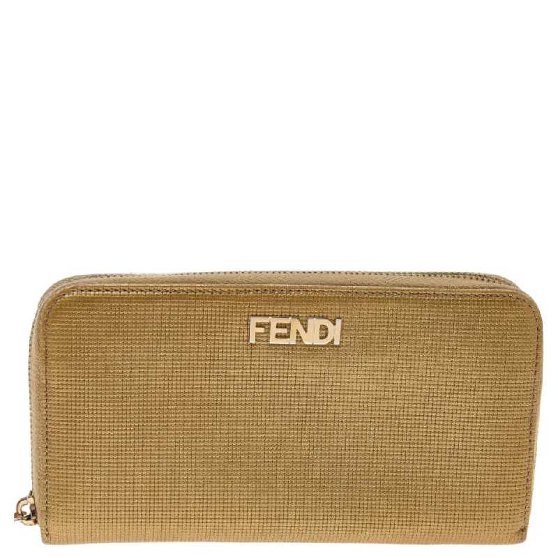 Fendi Sunshine Shopper bags with a contrast - stitched handle for a unique and stylish lookFendi Gold Embossed Leather Zip Around Wallet